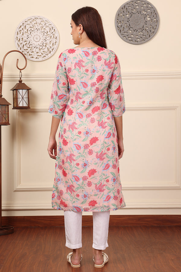 Blush Pink Floral Printed Pure Cotton Kurta