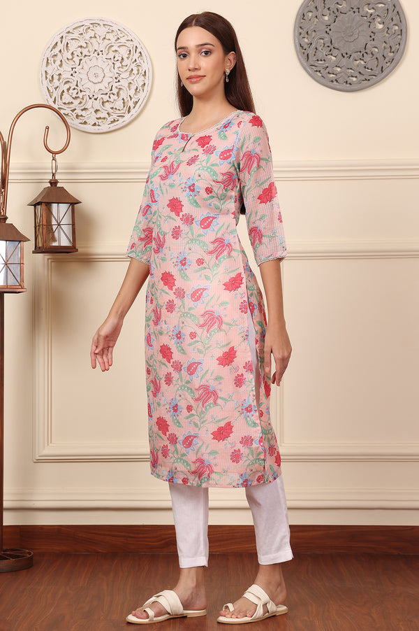 Blush Pink Floral Printed Pure Cotton Kurta