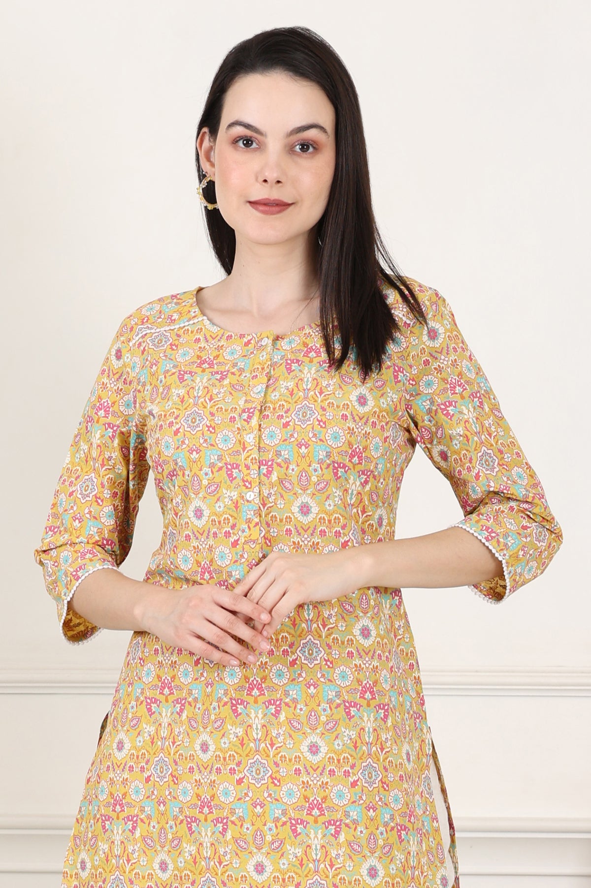 Yellow Floral Printed Pure Cotton Straight Kurta - S