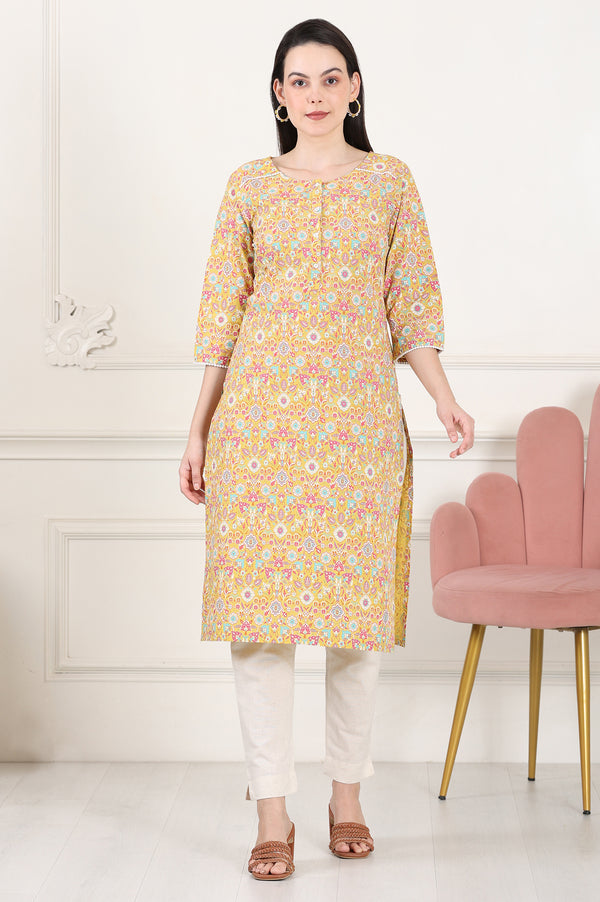 Yellow Floral Printed Pure Cotton Straight Kurta