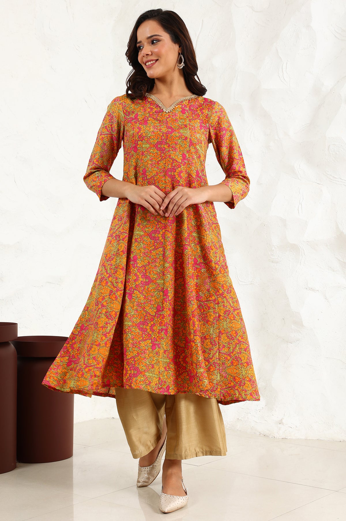 Taupe Floral Printed Anarkali Festive Shantung Kurta - S
