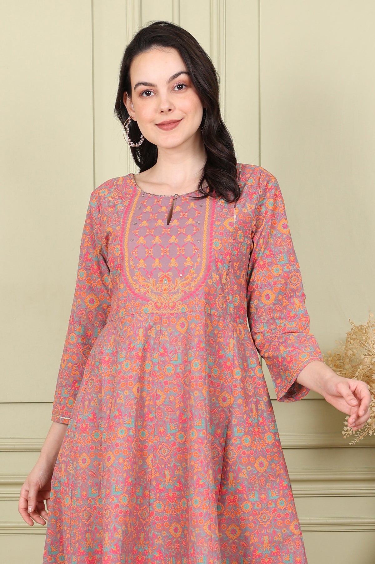Magenta Floral Printed Pure Cotton Flared Kurta With Sequin Detail - XS