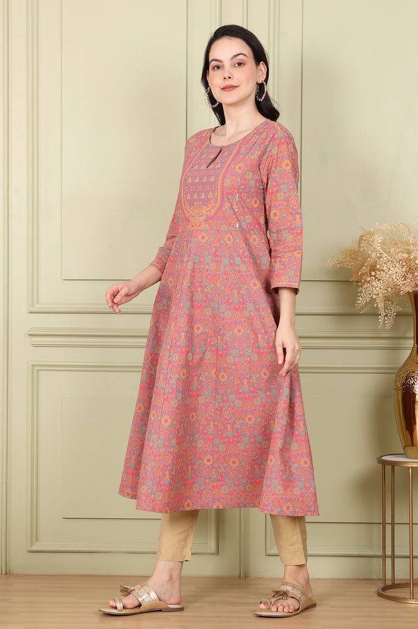 Magenta Floral Printed Pure Cotton Flared Kurta With Sequin Detail