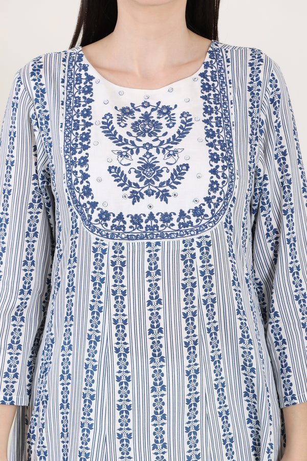 White And Blue Floral Printed Thread Embroidered A-Line Rayon Flax Kurta