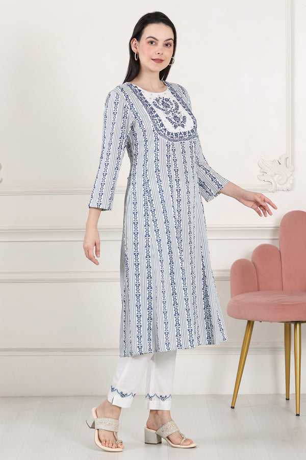 White And Blue Floral Printed Thread Embroidered A-Line Rayon Flax Kurta