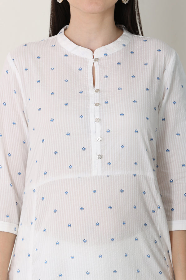 White Printed Pure Cotton Soft & Breathable Straight Kurta