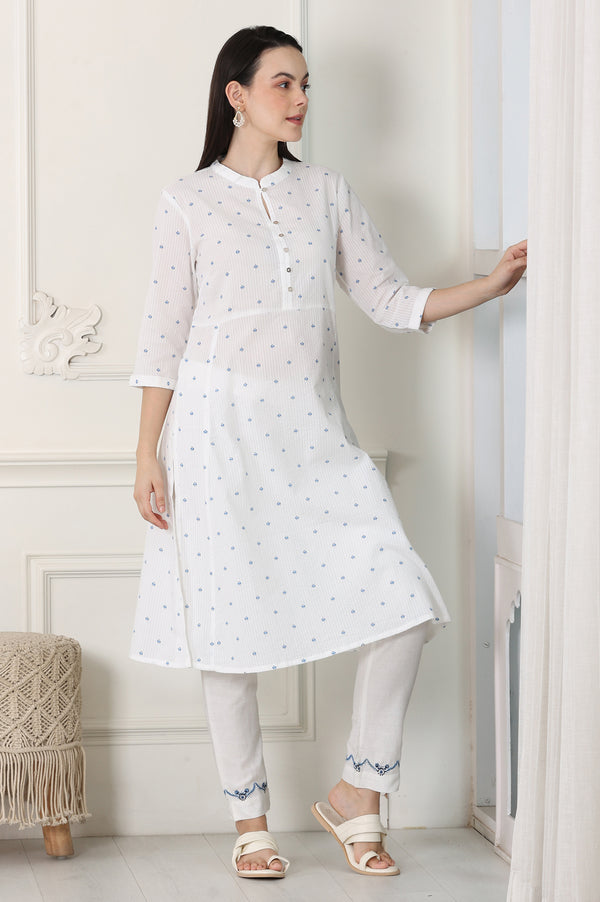 White Printed Pure Cotton Soft & Breathable Straight Kurta