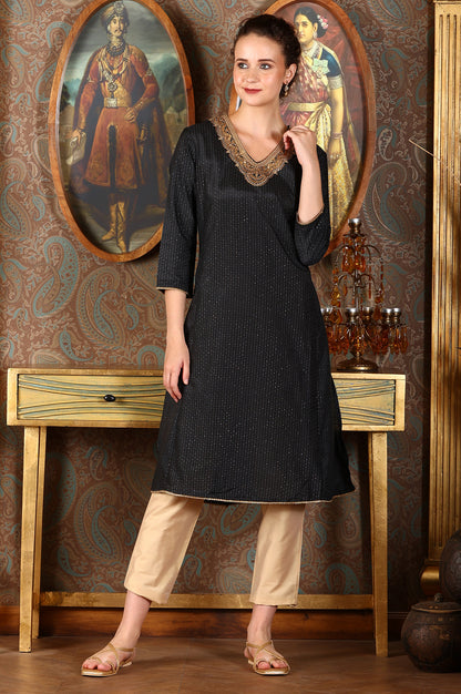 Black Glitter Printed Shantung Kurta With Metallic Embroidery