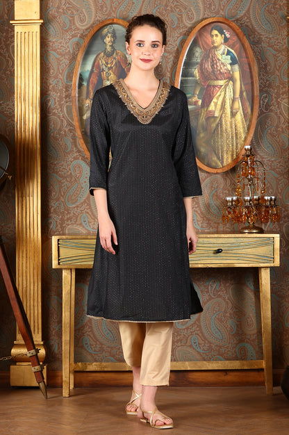 Black Glitter Printed Shantung Kurta With Metallic Embroidery