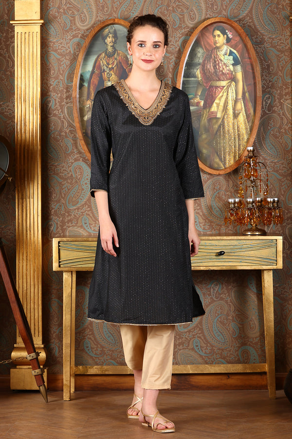 Black Glitter Printed Shantung Kurta With Metallic Embroidery