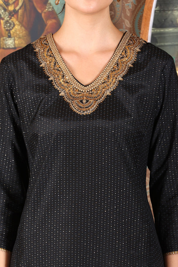 Black Glitter Printed Shantung Kurta With Metallic Embroidery