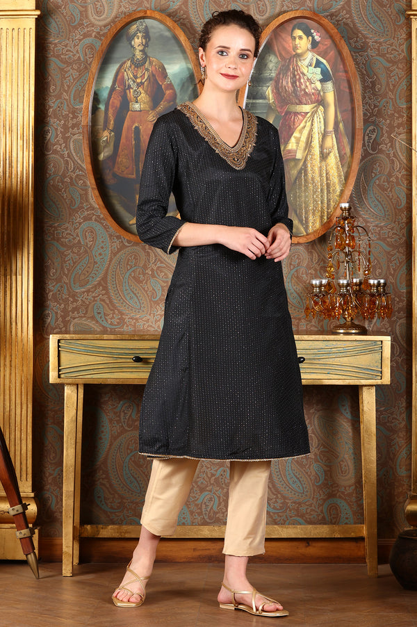 Black Glitter Printed Shantung Kurta With Metallic Embroidery