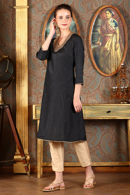 Black Glitter Printed Shantung Kurta With Metallic Embroidery