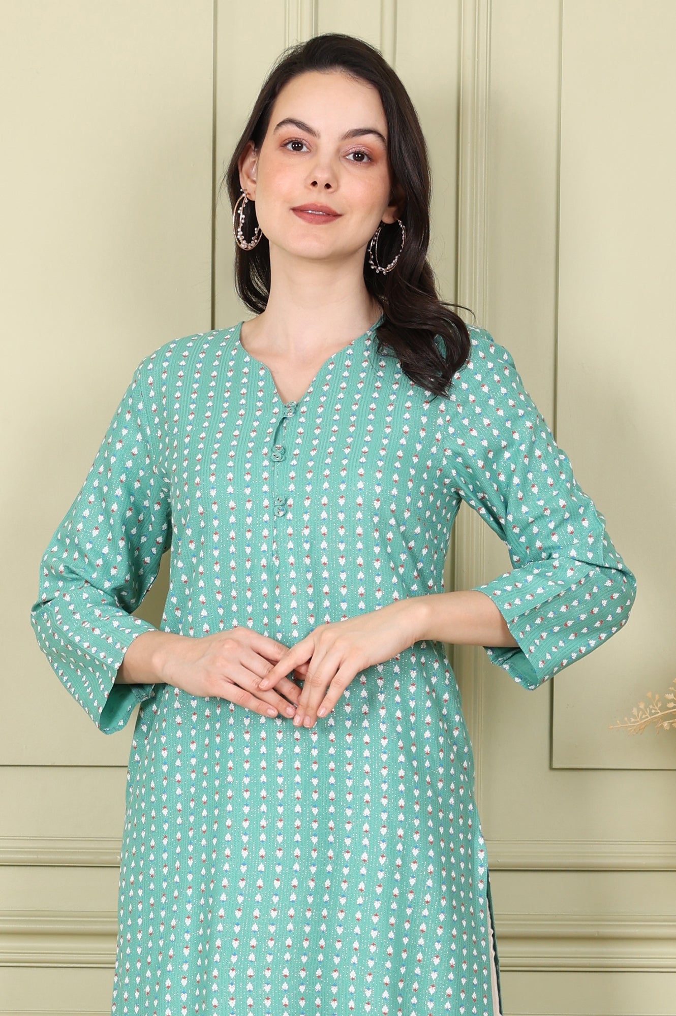 Green Glitter Geometric Printed Rayon Straight Kurta - wforwoman