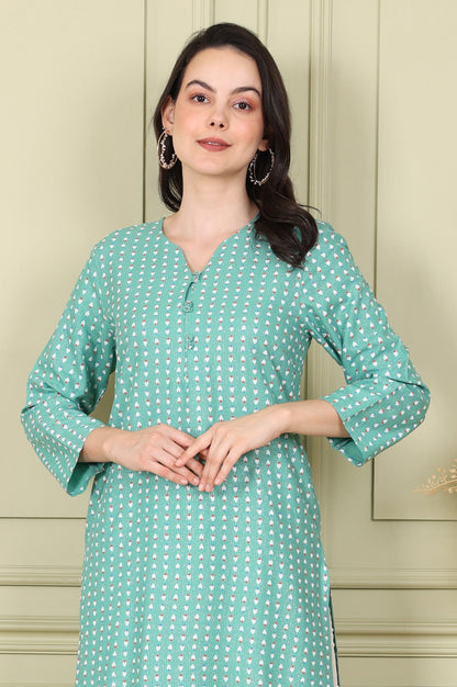 Green Glitter Geometric Printed Rayon Straight Kurta - wforwoman