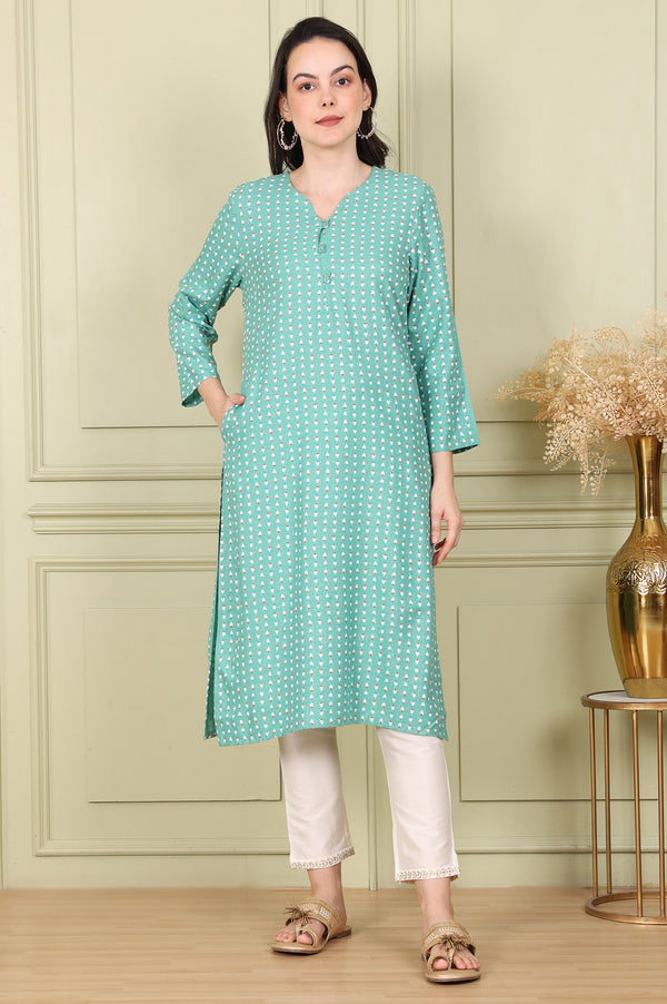 Green Glitter Geometric Printed Rayon Straight Kurta
