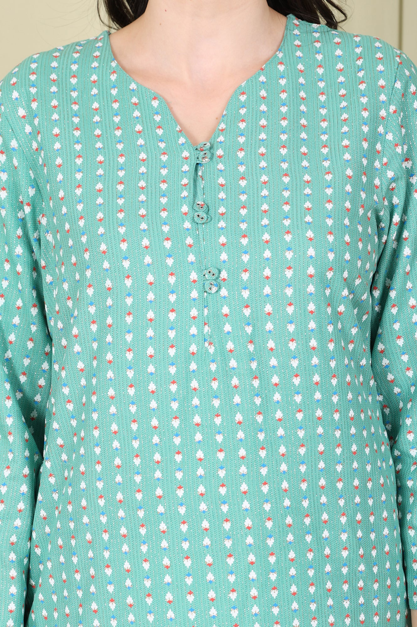 Green Glitter Geometric Printed Rayon Straight Kurta - wforwoman