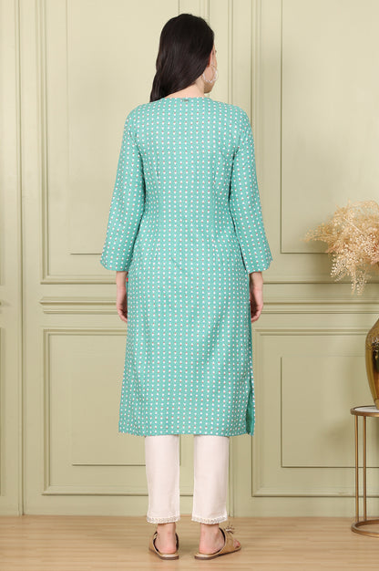 Green Glitter Geometric Printed Rayon Straight Kurta - wforwoman