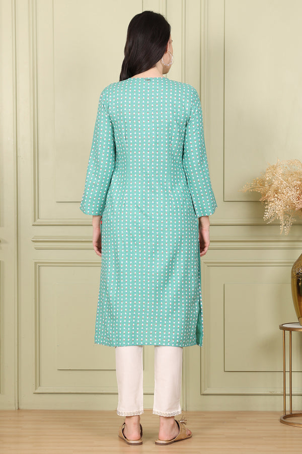 Green Glitter Geometric Printed Rayon Straight Kurta