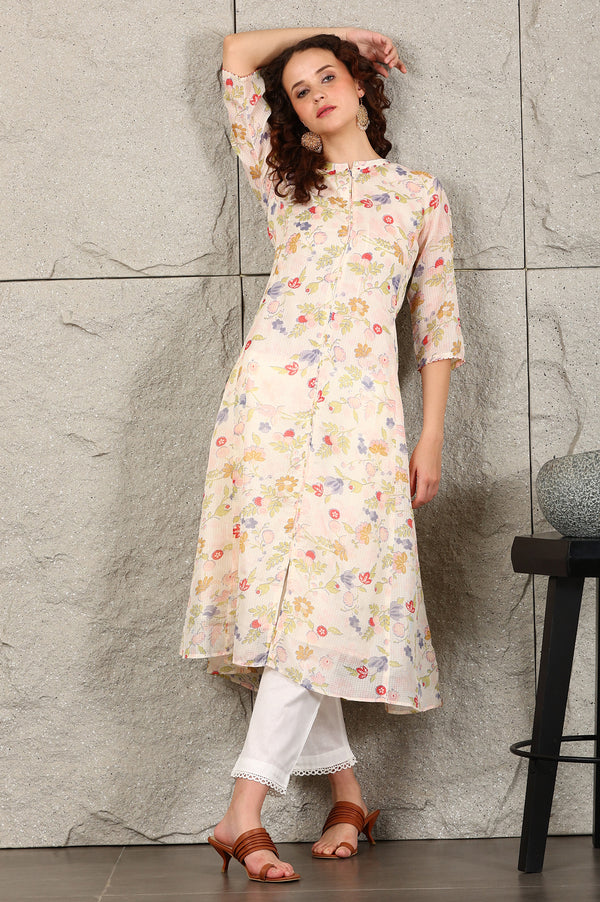 White Floral Printed Kota A-Line Kurta In Mandarin Collar