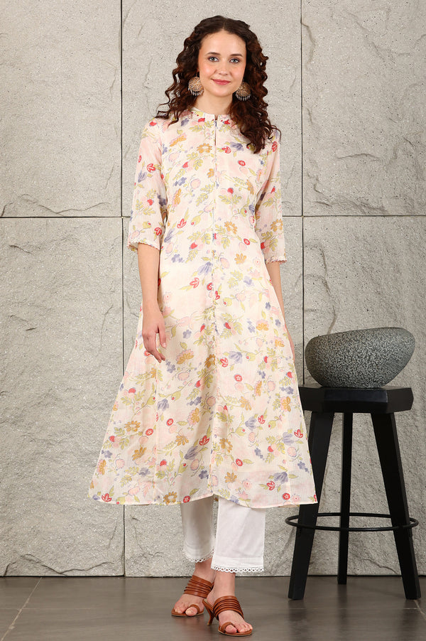 White Floral Printed Kota A-Line Kurta In Mandarin Collar