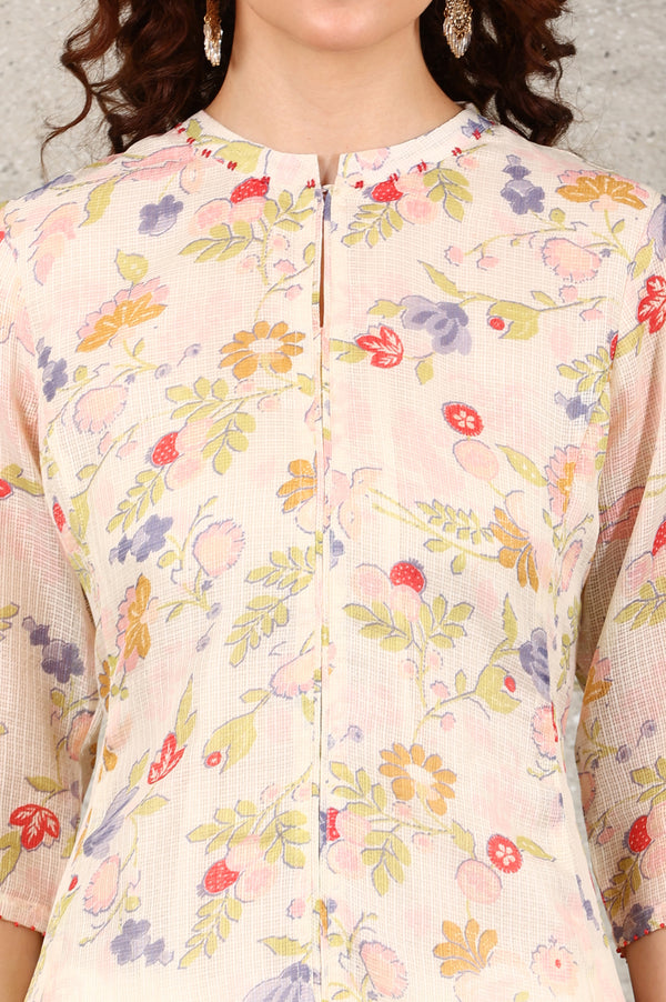 White Floral Printed Kota A-Line Kurta In Mandarin Collar