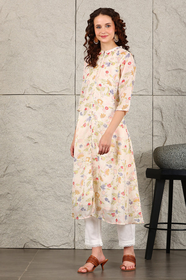 White Floral Printed Kota A-Line Kurta In Mandarin Collar