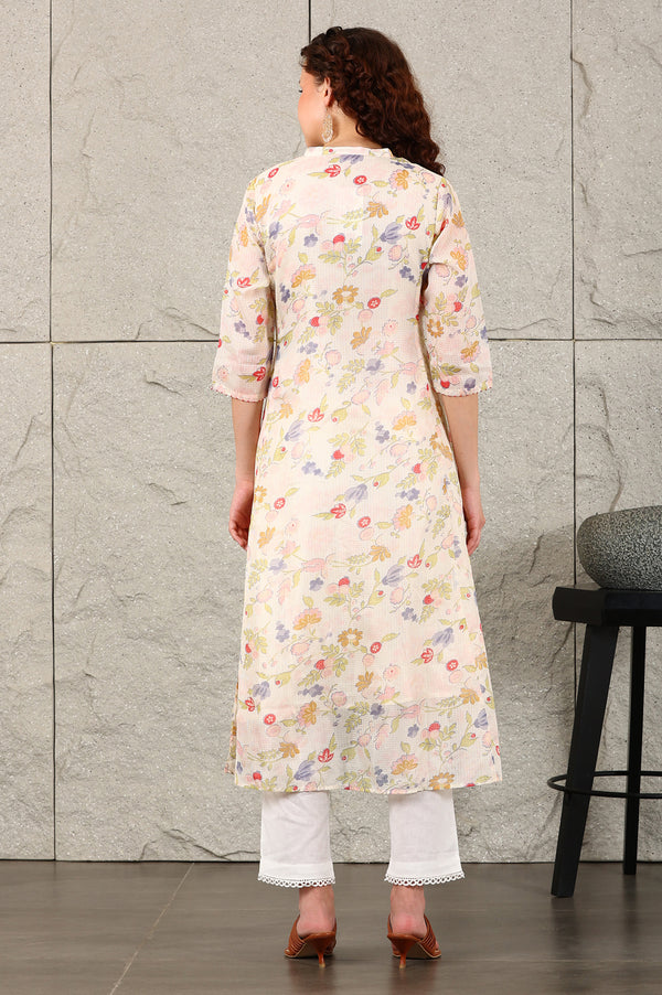 White Floral Printed Kota A-Line Kurta In Mandarin Collar