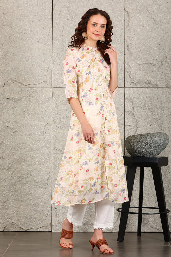 White Floral Printed Kota A-Line Kurta In Mandarin Collar