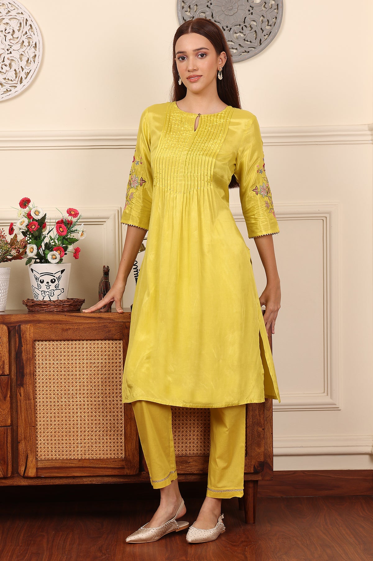 Yellow Pleated Yoke Shantun Kurta With Embroidery - 3XL
