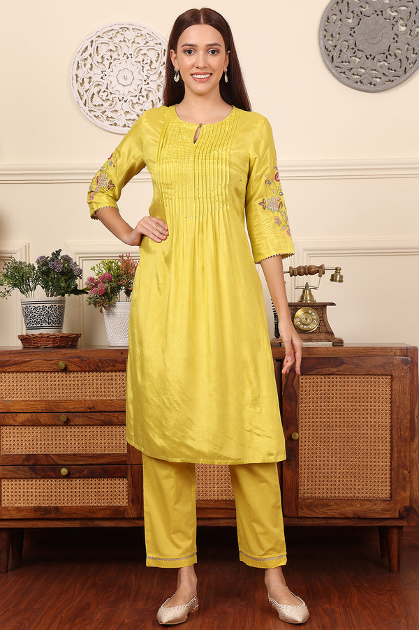 Yellow Pleated Yoke Shantun Kurta With Embroidery