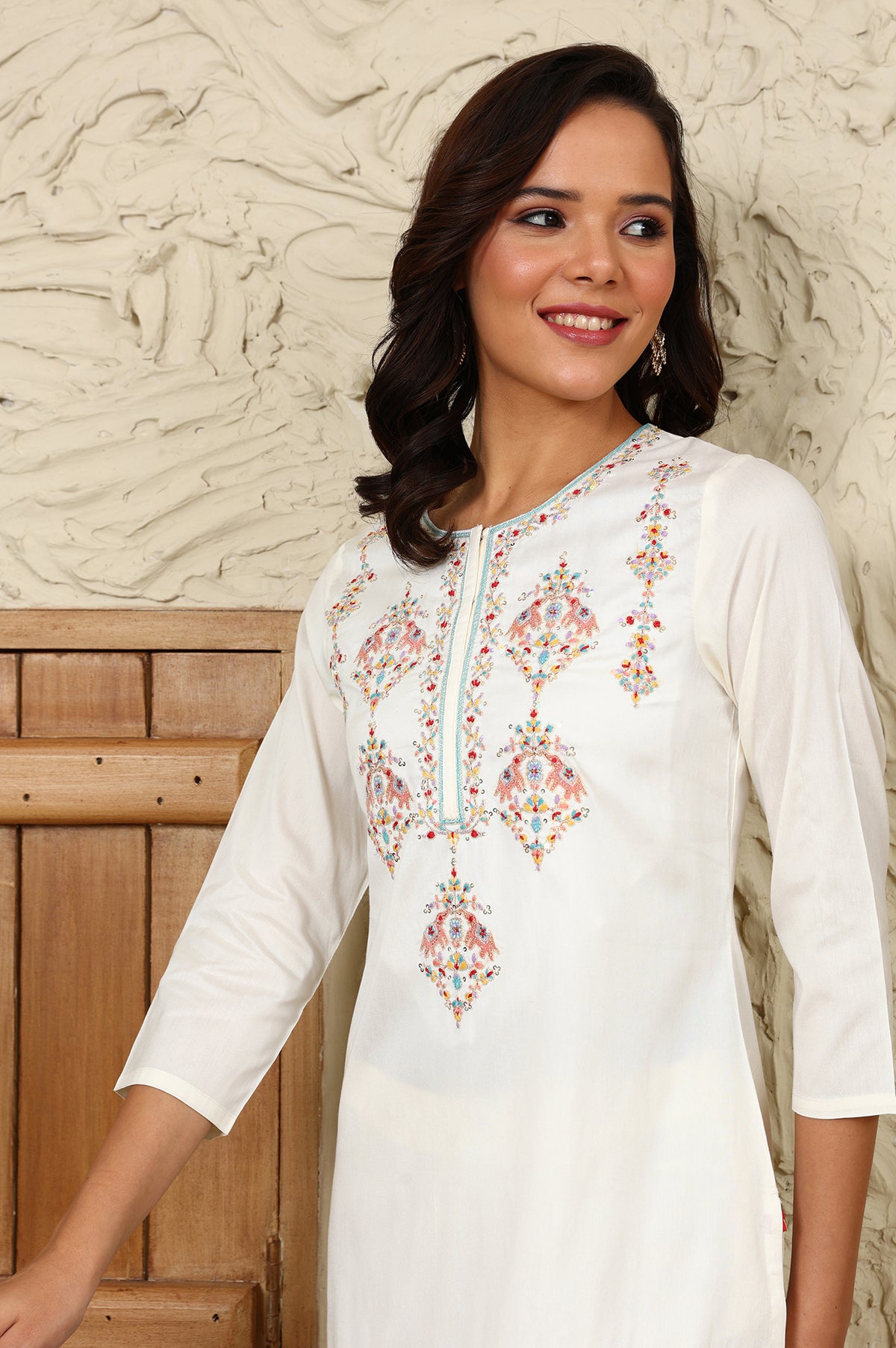 White Festive Straight Kurta With Multi-Coloured Embroidery On Yoke - XXL