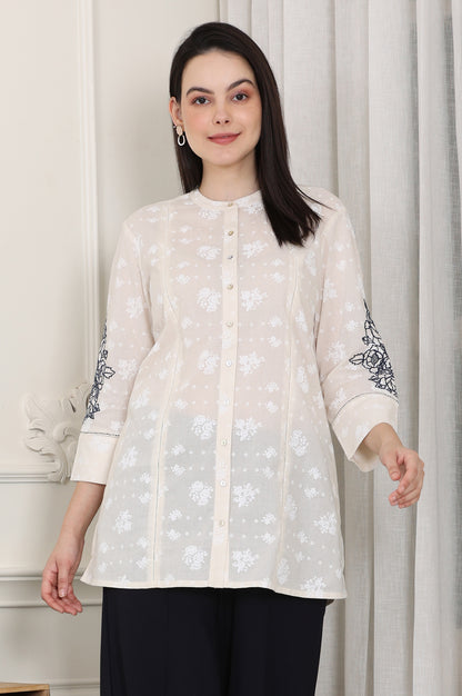 White Floral Printed Pure Cotton Top With Embroidered Sleeves