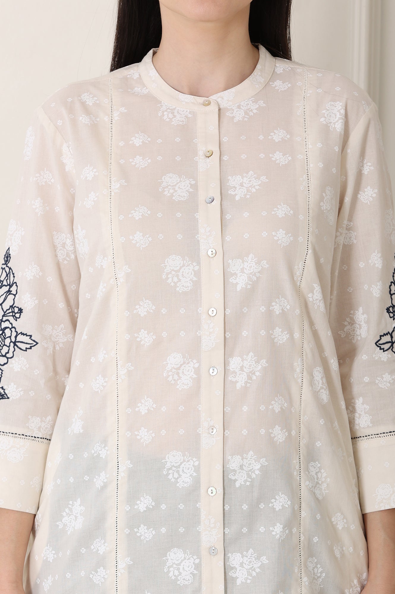 White Floral Printed Pure Cotton Top With Embroidered Sleeves