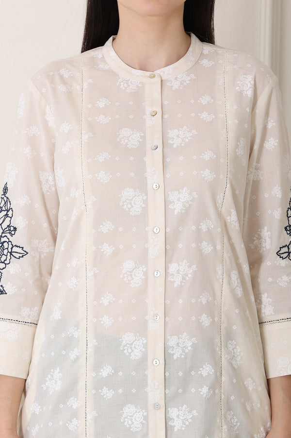 White Floral Printed Pure Cotton Top With Embroidered Sleeves