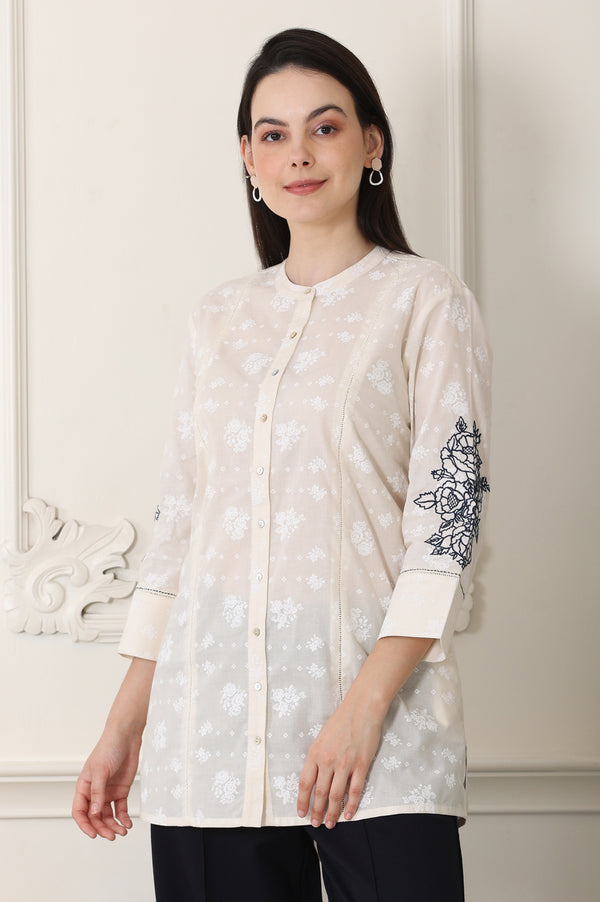 White Floral Printed Pure Cotton Top With Embroidered Sleeves