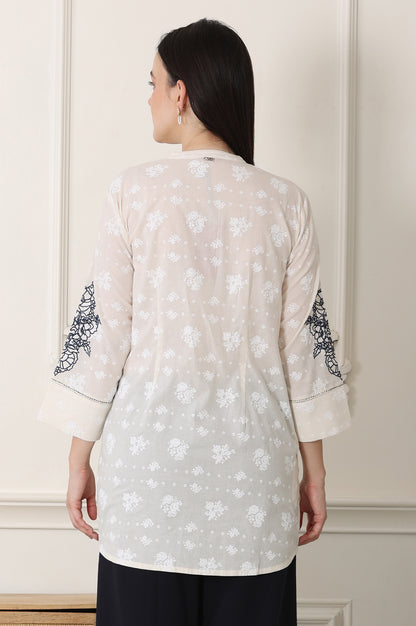 White Floral Printed Pure Cotton Top With Embroidered Sleeves