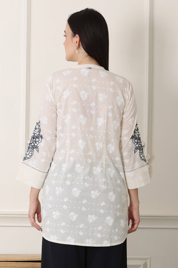 White Floral Printed Pure Cotton Top With Embroidered Sleeves