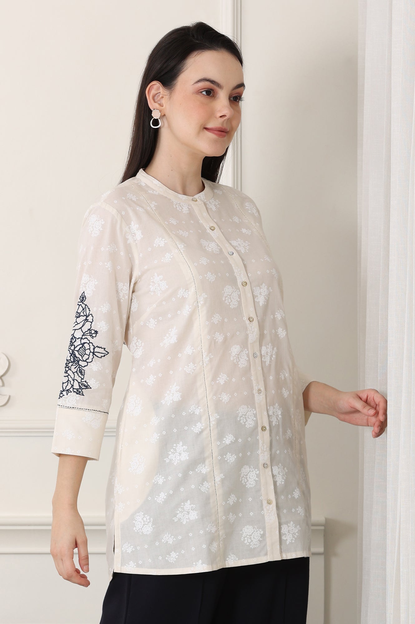 White Floral Printed Pure Cotton Top With Embroidered Sleeves