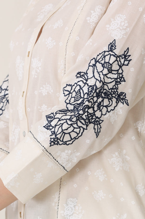 White Floral Printed Pure Cotton Top With Embroidered Sleeves