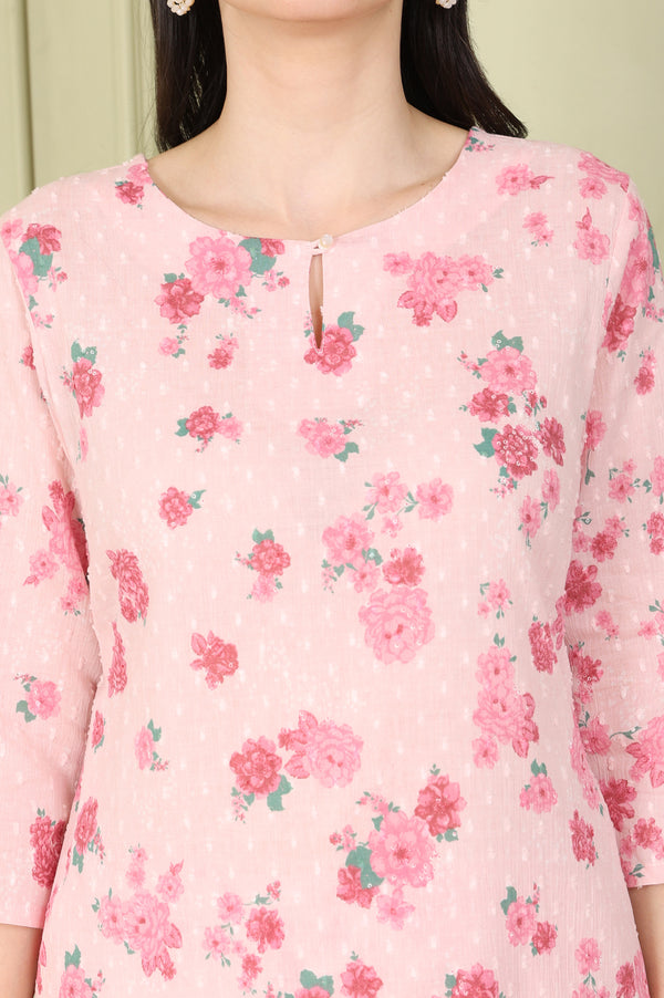 Pink Floral Printed Pure Cotton Straight Kurta And Pants Co-Ord Set
