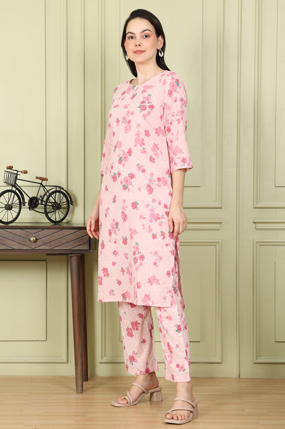 Pink Floral Printed Pure Cotton Straight Kurta And Pants Co-Ord Set - wforwoman