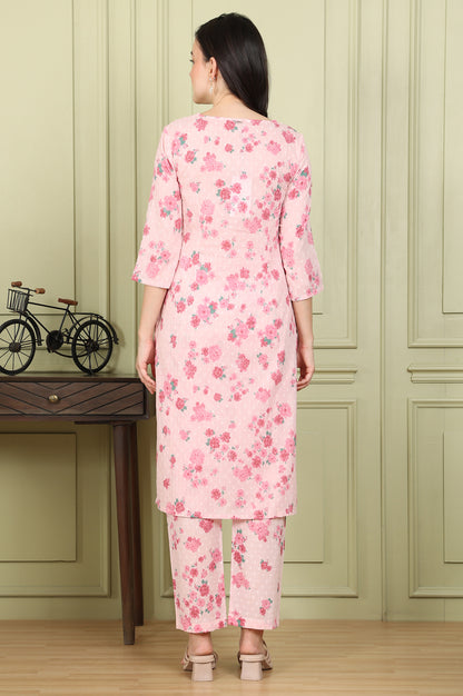 Pink Floral Printed Pure Cotton Straight Kurta And Pants Co-Ord Set - wforwoman