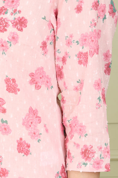 Pink Floral Printed Pure Cotton Straight Kurta And Pants Co-Ord Set - wforwoman