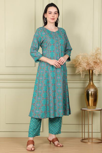 Blue Floral Printed Flared Rayon Kurta And Straight Pants Set - wforwoman