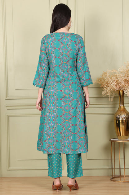 Blue Floral Printed Flared Rayon Kurta And Straight Pants Set - wforwoman