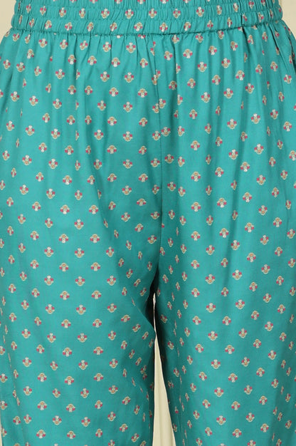 Blue Floral Printed Flared Rayon Kurta And Straight Pants Set