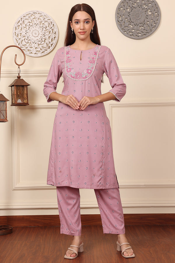 Pink Floral Printed Thread Embroidered Rayon Kurta And Pants Co-Ord Set