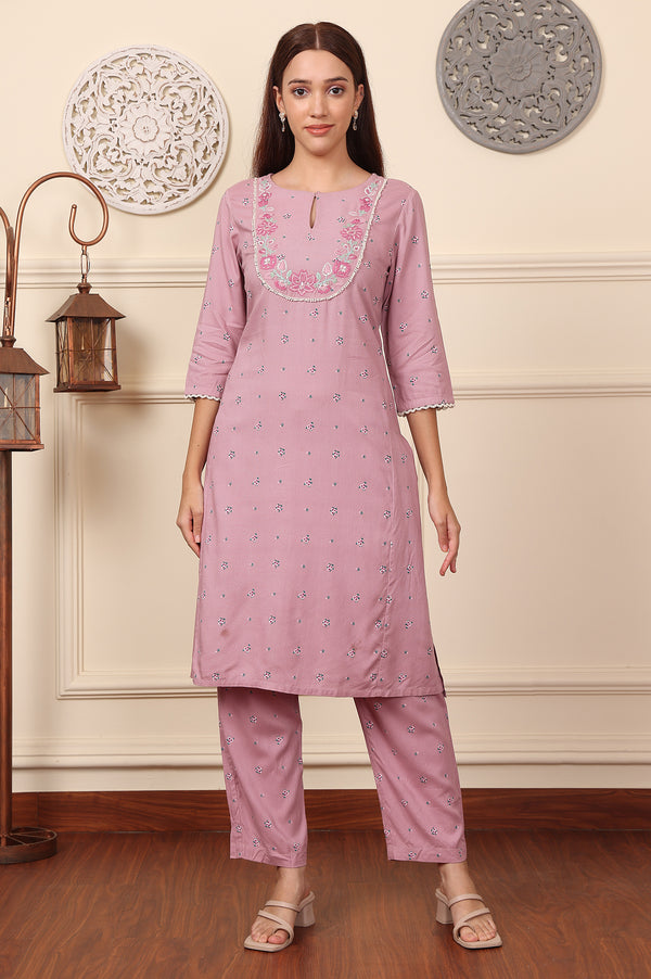 Pink Floral Printed Thread Embroidered Rayon Kurta And Pants Co-Ord Set