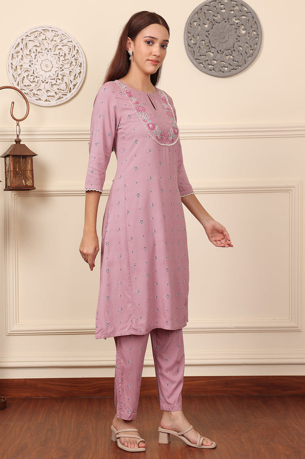 Pink Floral Printed Thread Embroidered Rayon Kurta And Pants Co-Ord Set